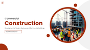 Construction PowerPoint Templates with cranes and workers site image, orange circle shapes and clean white layout.