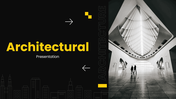 Architectural Presentation PowerPoint with black-yellow theme, building photos, shapes, and text holders.