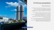 Modern architecture-themed slide combining a striking urban skyline photo with descriptive text about design philosophies.