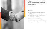 Welcome slide featuring a black and white handshake image on the left and a text section with bullet points on the right.
