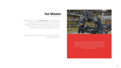 Mission statement slide with a factory image showing workers assembling a vehicle engine and a red text box below.