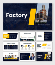 Factory slides with navy yellow theme, plant visuals, process flow, service blocks, icons, and clean layouts for insights.