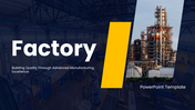 Factory slides with navy yellow theme, plant visuals, process flow, service blocks, icons, and clean layouts for insights.
