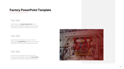 Factory PowerPoint slide featuring robot arms in an industrial setting, with space for custom text descriptions.