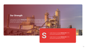 Strength slide a with industrial imagery on the background and a red bordered text block on the right side. 