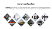 Interior design PowerPoint slide with multiple diamond shaped images showcasing various home designs and furniture.