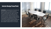 Interior design slide with conference room featuring a white table, black chairs, and large windows with vertical blinds.