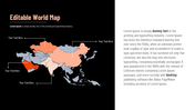 World map PowerPoint template with regions highlighted and placeholder text on a split black and white backdrop.