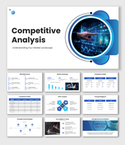 Competitive Analysis Template PPT with blue theme, charts, SWOT shapes, tables, and clean text layout design.