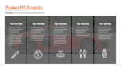 Minimalist product template with five blocks, each containing placeholder text and mechanical icons on a transparent overlay.