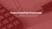 Finance presentation slide with a blurred red-toned background featuring a calculator and a pen on a chart.