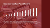 Red slide showing a bar chart of management achievements for each month in 2019, with a blurred laptop background.