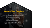 Content slide template featuring a person touching a digital interface with icons, and text, on a dark backdrop.