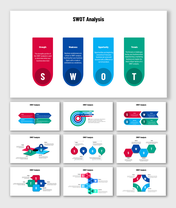 PPT slides featuring a colorful SWOT analysis with visual representations of Strength, Weakness, Opportunity, and Threats.