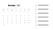 November 2020 calendar on the left with a vertical timeline on the right featuring blank event placeholders.