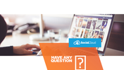 Laptop workspace with overlaid question mark and logo in vibrant orange and blue sections.