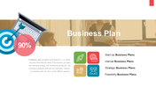 Business plan slide with a target symbol and percentage circle, featuring four colorful icons and a meeting scene.