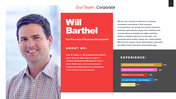 Professional team member profile template with photo, name, title, and experience chart.
