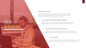 Slide showcasing a red tinted photo of a person at a desk and a list of service categories on the white right area.