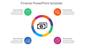 Finance PowerPoint template with colorful circles representing financial elements, including icons with placeholder text.