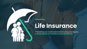 Life Insurance PowerPoint template covering benefits, types, claims, and financial protection planning.  Select 88 more words