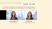 Team introduction slide featuring a quote, two professional with names and roles, set against a light beige background. 