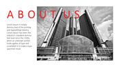 High rise glass buildings in black and white with about us in bold red letters above, and a text block on the left.