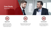 Business themed case study slide with a red overlay, an image of two men in suits, and three numbered sections below.