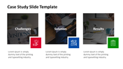 Case study slide featuring three-panel layout with darkened workplace photos, labeled with colored icon blocks.