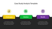 Case study analysis slide with three key steps challenges in yellow, solution in green, and results in purple with icons.