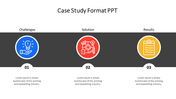 Case study format PPT slide showing sections for challenges, solutions, and results with corresponding colorful icons.