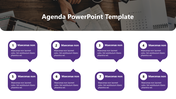 Agenda template with eight numbered agenda boxes in purple, each with a placeholder text areas.