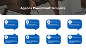 Agenda template with eight numbered sections in blue speech bubbles, overlaid on a workspace image with a calendar.