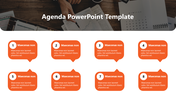 Orange speech bubble agenda layout with nine items in two rows, set against a white and semi transparent dark background. 