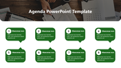 Green speech bubble agenda layout with nine items in two rows, set against a white and semi transparent dark background.