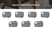 Agenda slide with seven gray speech bubbles containing placeholder text, arranged in two rows on a white and dark overlay. 