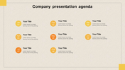 Company presentation agenda slide with monthly milestones displayed from january to august with placeholder text.