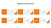 Agenda PowerPoint template featuring six numbered sections and space for content on an orange theme with placeholder text.