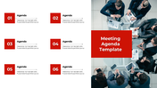 PPT slide displaying a meeting agenda with six agenda items, each accompanied by a red square and text, with a photo.
