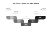 Agenda slide with a grayscale zigzag path, five numbered steps, and text boxes connected to each step with dotted lines.