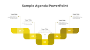Yellow themed agenda layout with five numbered steps, each connected in a staircase layout with title placeholders.