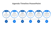 Blue themed timeline with six circular sections, each representing different stages, connected by a dotted line with numbers.