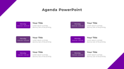 Agenda PPT slide with purple time blocks for each Monday session, containing placeholders for titles and text.