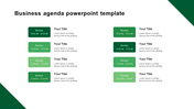  Business agenda template featuring green time slots in two columns, with session times, titles, and  placeholder text areas.