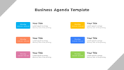 Business agenda slide with two columns of rectangular time slots, each followed by placeholders for titles and descriptions.