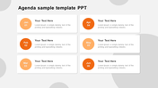 Agenda template with six white rectangular boxes, each containing a circular date icon in shades of orange.