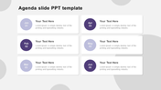 Modern agenda PowerPoint template with colored circles for each month and text fields.
