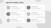 Minimalist agenda template with six date markers in circular shape, each followed by white text boxes for titles and details.