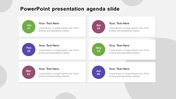 Agenda template with six boxes, Jan to Jun, with numbers, colored circles, and placeholder text areas for each agenda item.