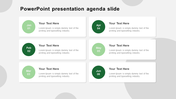 Agenda template with six green circular icons for dates, starting from January to June, each paired with a caption areas.